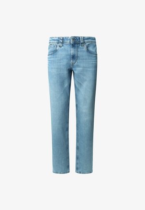 Light blue denim jeans with a straight-leg cut, five-pocket design, and subtle fading, featuring a button and zip fly closure.