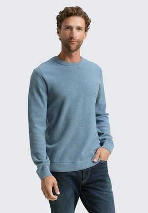 Maglione a maglia azzurro chiaro con scollatura a girocollo, coste testurizzate sulle spalle e sui polsini, abbinato a jeans di denim scuro.