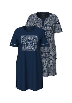 Twee korte jurken: de ene effen marineblauw met een patroon van vierkanten, de andere met een paisleypatroon in marineblauw en witte tinten.