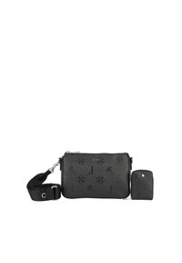 Borsa a tracolla in pelle nera con motivi floreali e logo in rilievo, chiusura con zip, tracolla removibile e una piccola pochette coordinata.