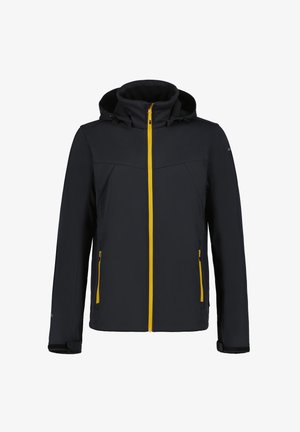 Zwarte softshell jas met een gele rits, twee voorzakken, een verstelbare capuchon en een aansluitend ontwerp. Gladde textuur en duurzaam materiaal.