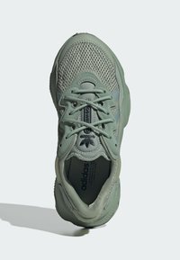 Jasnozielony but sportowy z siateczkową cholewką, zaokrąglonym noskiem, wyściełanym kołnierzem i płaskimi sznurowadłami; wyposażony w detale z logo i teksturowaną gumową podeszwę.