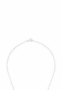 Collar de cadena de plata con un diseño delgado y delicado, que presenta un solo cierre redondo. Textura suave y forma minimalista.