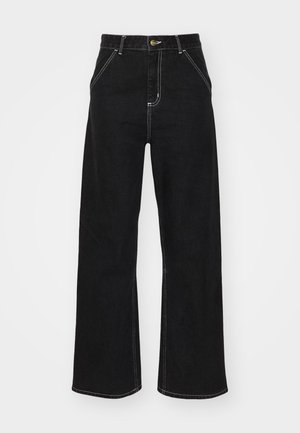 Black wide-leg jeans made of denim, featuring contrasting white stitching and a front button closure, with two angled front pockets.