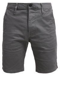 Shorts pour hommes gris foncé longueur genou avec passants pour ceinture, bouton à l'avant, fermeture éclair et deux poches latérales.