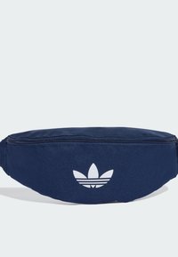 Navy waist bag made of durable fabric. Features a top zipper and a white logo with three stripes, compact oval shape, and textured surface.