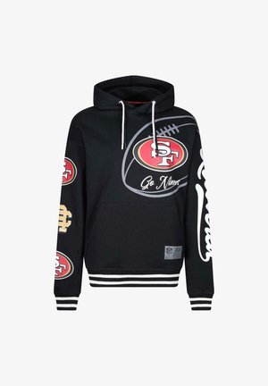 Schwarzer Hoodie aus Baumwollmischung mit einer vorderen Tasche. Verziert mit Logos der San Francisco 49ers, roten und goldenen Akzenten sowie gestreiften Bündchen und Saum.