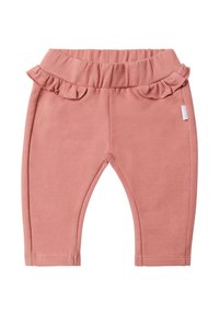 Roze katoenen leggings met een ruches tailleband, een elastische bovenkant en een gladde textuur. Heeft een klein label aan de zijkant.