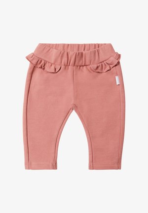 Roze katoenen leggings met een ruches tailleband, een elastische bovenkant en een gladde textuur. Heeft een klein label aan de zijkant.