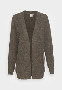 Pletený kardigan v tmavě hnědé barvě, s otevřeným předním designem, dlouhými rukávy, vyrobený z texturované látky s jemným tečkovaným vzorem.