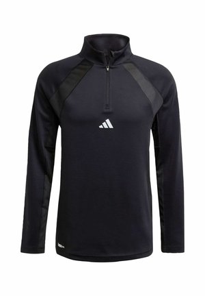 Czarna sportowa bluzka z długim rękawem i ćwierć zamkiem błyskawicznym, z kontrastowymi, teksturowanymi panelami na ramionach oraz dużym białym logo Adidas na piersi.