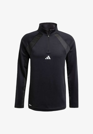 Black athletic long-sleeve top with a quarter zip, featuring contrasting textured shoulder panels and a white Adidas logo on the chest.