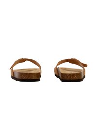 Bruine leren sandalen met een kurken zool; dunne banden in een Y-vorm; platte profiel; minimalistisch ontwerp; gladde textuur; lichte constructie.