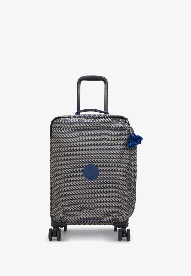 Valise à roulettes avec un motif tissé bleu et beige, arborant un patch logo bleu et un pompon décoratif bleu. Poignée rétractable.