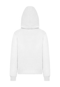 Hoodie blanc avec capuche, manches longues et poignets et ourlet côtelés. Texture lisse et design sans coutures sans graphiques ni accents visibles.