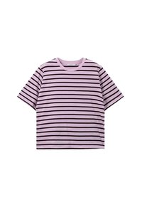 T-shirt rayé en violet clair avec des rayures horizontales violettes foncées, fabriqué en tissu doux, avec un col rond et des manches courtes.