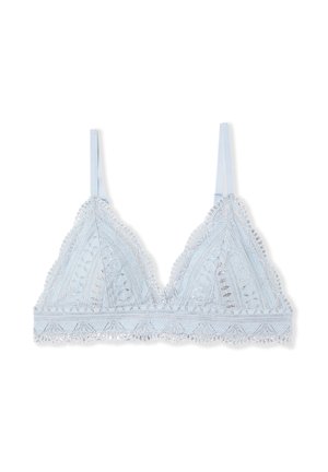 Bralette in pizzo blu chiaro con coppe triangolari, bordi ondulati, motivi intricati e sottili spalline in satin regolabili.