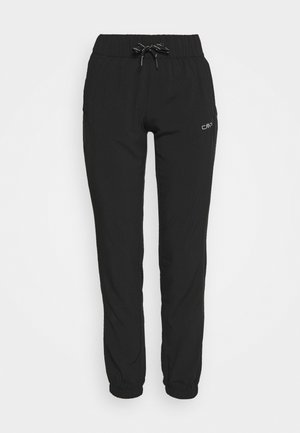 Pantalons de jogging noirs avec une taille élastique et un cordon de serrage, présentant des jambes resserrées et des poignets élastiques. Fabriqués en tissu lisse et léger.