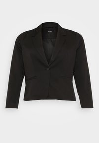 Blazer negro con cierre de un solo botón, solapas con muesca y dos bolsillos frontales. Tela suave con un ajuste entallado y mangas largas.