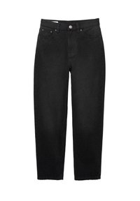 Jean noir taille haute à jambes droites avec bouton devant, fermeture éclair et design cinq poches sur fond blanc.