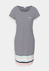 Sukienka w paski z granatowymi i białymi poziomymi paskami, okrągłym dekoltem, krótkimi rękawami oraz kolorowym dołem z różowymi, miętowymi i czarnymi akcentami.