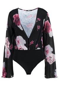 Body floreale nero con lunghe maniche a campana trasparenti, scollatura a V profonda e motivo di rose rosa. Presenta una zip frontale e una texture liscia.