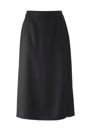 Zwarte A-lijn rok met een gladde textuur, kniehoogte, met een aansluitende tailleband en een zijopening voor extra bewegingsgemak.