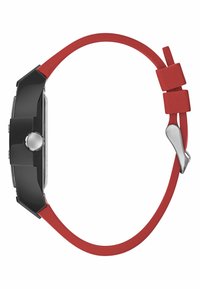 Schwarzer Uhrengehäuse mit rundem Ziffernblatt, rotem Silikonarmband, silberner Metallschnalle und minimalistischen Design ohne zusätzliche Muster oder Details.