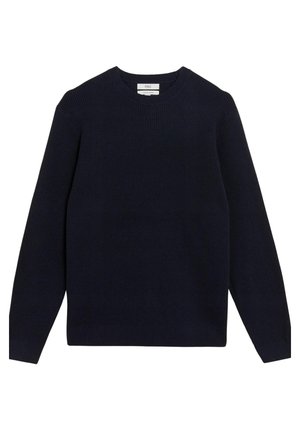 Pull en maille bleu marine foncé à col rond avec manches longues, posé à plat sur fond blanc.