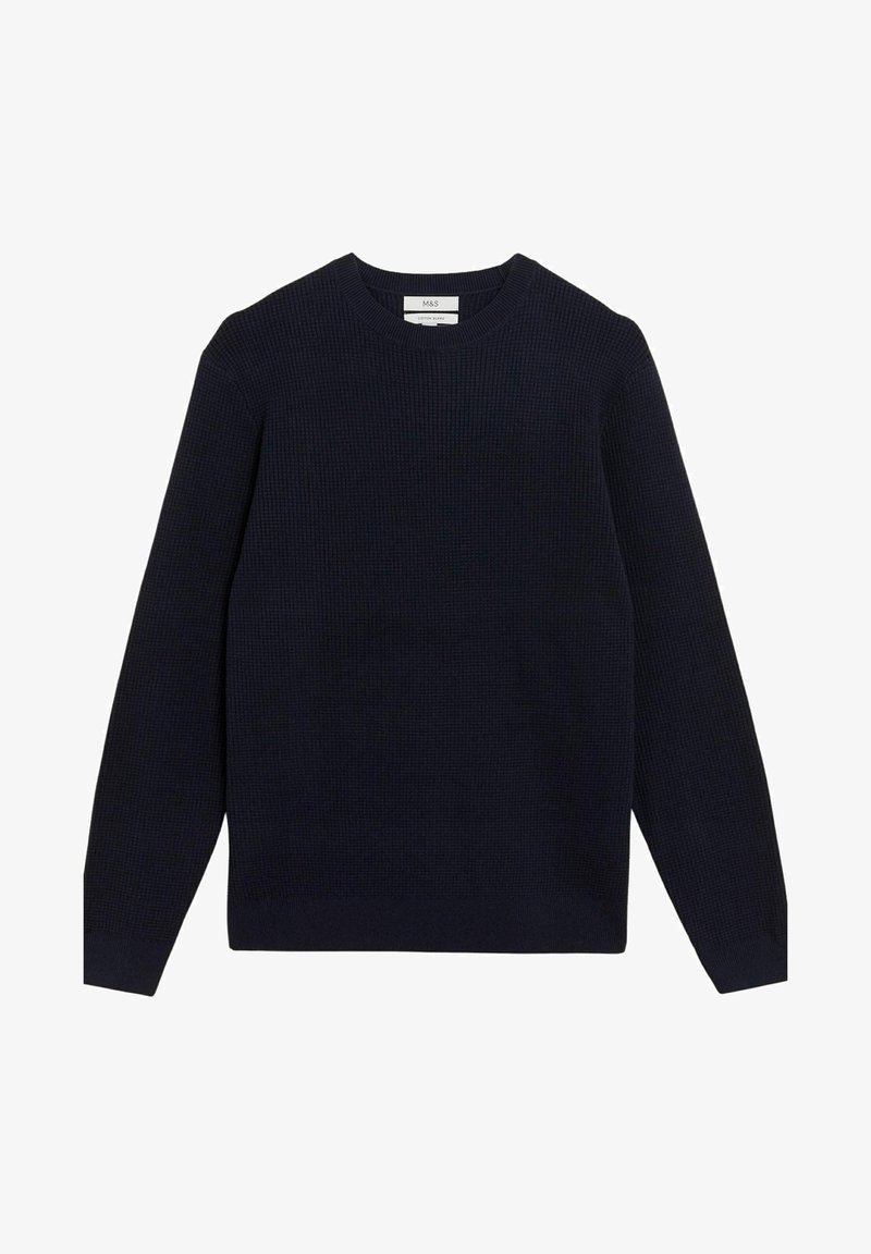 Pull en maille bleu marine foncé à col rond avec manches longues, posé à plat sur fond blanc.