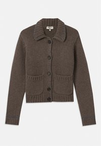 Cardigan lavorato a maglia marrone con collo a camicia, cinque bottoni neri, polsi a coste e due tasche frontali. Accentuato da cuciture azzurre.