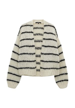 Cardigan lavorato a maglia di colore crema con strisce orizzontali nere, apertura frontale e spalle scese; tessuto testurizzato con polsini e orlo a coste.