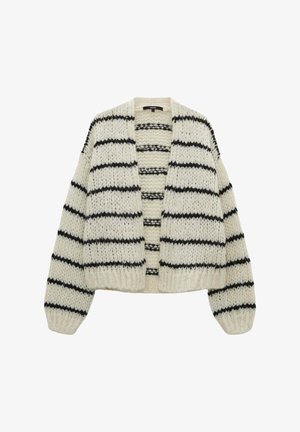 Cardigan lavorato a maglia di colore crema con strisce orizzontali nere, apertura frontale e spalle scese; tessuto testurizzato con polsini e orlo a coste.