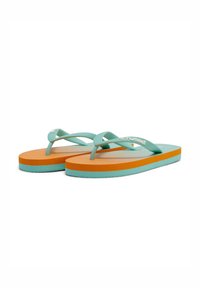 Flip flops ar akvamarīnu siksnām un oranžs-aquas svītrām apakšām. Strukturēts pēdas spilventiņš labākai saķerei un komfortam. Viegls un ikdienišķs dizains.