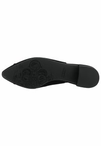 Black shoe sole with a pointed shape, rubber material, flat heel, and embossed decorative patterns and branding details on the surface.