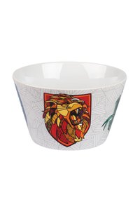 Ciotola in ceramica con interni ed esterni bianchi che presenta un motivo geometrico. Sulla parte anteriore è illustrato un design colorato di un leone su uno scudo rosso.