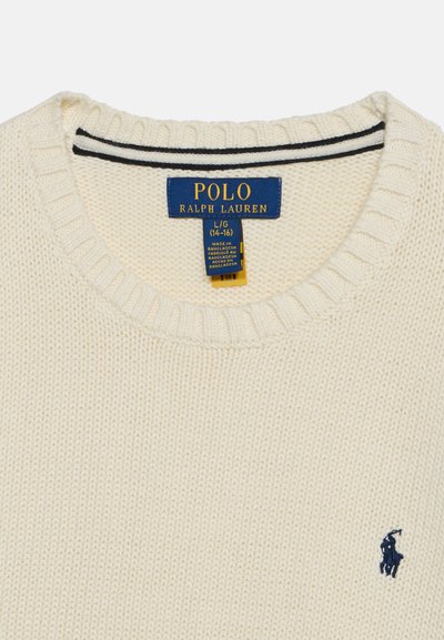 Κρεμ πλεκτή μπλούζα με ριμπ γιακά, ετικέτα Polo Ralph Lauren, μέγεθος Large 14-16, και κεντημένο σκούρο μπλε λογότυπο στο στήθος.