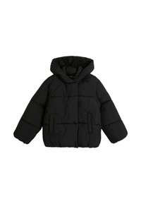 Schwarze Puffjacke mit Kapuze, ausgestattet mit einem gesteppten Design, großen Fronttaschen und elastischen Bündchen. Weicher, strukturierter Stoff.