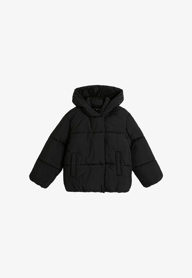 Schwarze Puffjacke mit Kapuze, ausgestattet mit einem gesteppten Design, großen Fronttaschen und elastischen Bündchen. Weicher, strukturierter Stoff.