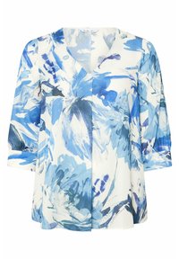 Lösblus i vit tyg med ett blått blommönster, med en V-hals och trekvartslånga ärmar. Slät textur.