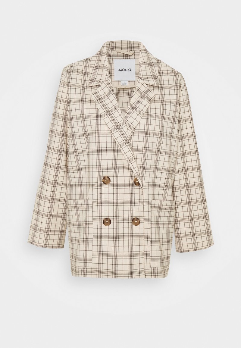 Double-breasted blazer in a light beige fabric with brown plaid pattern, featuring notched lapels, two pockets, and brown button accents.
