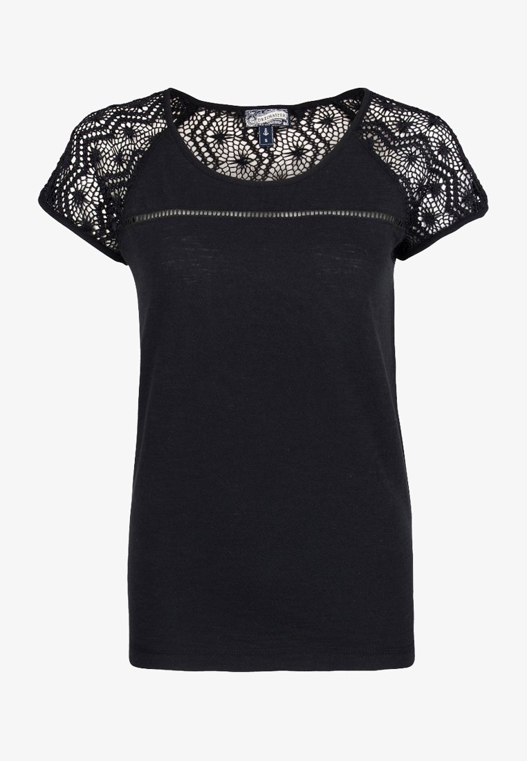 Black short-sleeve top with floral crochet lace sleeves and yoke, round neckline, and a small horizontal mesh detail across the chest.