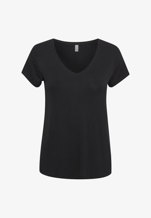 Mustmust värviga lühikeste varrukatega T-särk V-kaelusega. Valmistatud pehmest, kerge kehaga kangast, millel on mugav lõige. Ilma nähtavate logode või mustriteta.