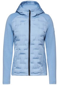 Světle modrá bunda s prošívaným designem na přední straně, jednobarevnými rukávy, zipem vpředu a kapucí. Vyrobena z jemného, prodyšného materiálu.