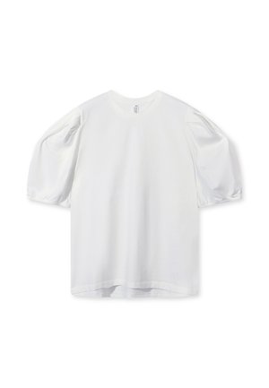 Weiße Bluse mit gepufften kurzen Ärmeln und Rundhalsausschnitt, flach auf einem weißen Hintergrund präsentiert.