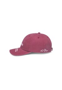 Maroon cotton baseball cap with a curved visor, embroidered white text on the front and side, and six ventilation eyelets.