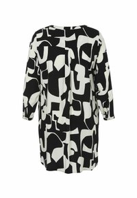Zwart-wit gebloemde blouse met abstracte vormen, lange mouwen en een ronde halslijn. Licht materiaal met een comfortabele pasvorm.