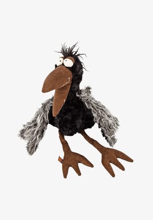 Giocattolo di corvo di peluche con un corpo nero e peloso, becco marrone e lunghe zampe marroni. Presenta ali grigie texturizzate e grandi occhi rotondi bianchi.