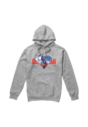 Gray hoodie with Superman graphic in blue and red, showing Superman flying with raised fist inside a diamond shape and text "Look up in the sky."