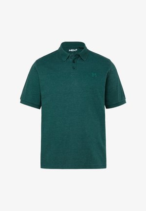 Donkergroen poloshirt van gestructureerde stof, met een kraag, drie knopen en een klein geborduurd logo op de borst.